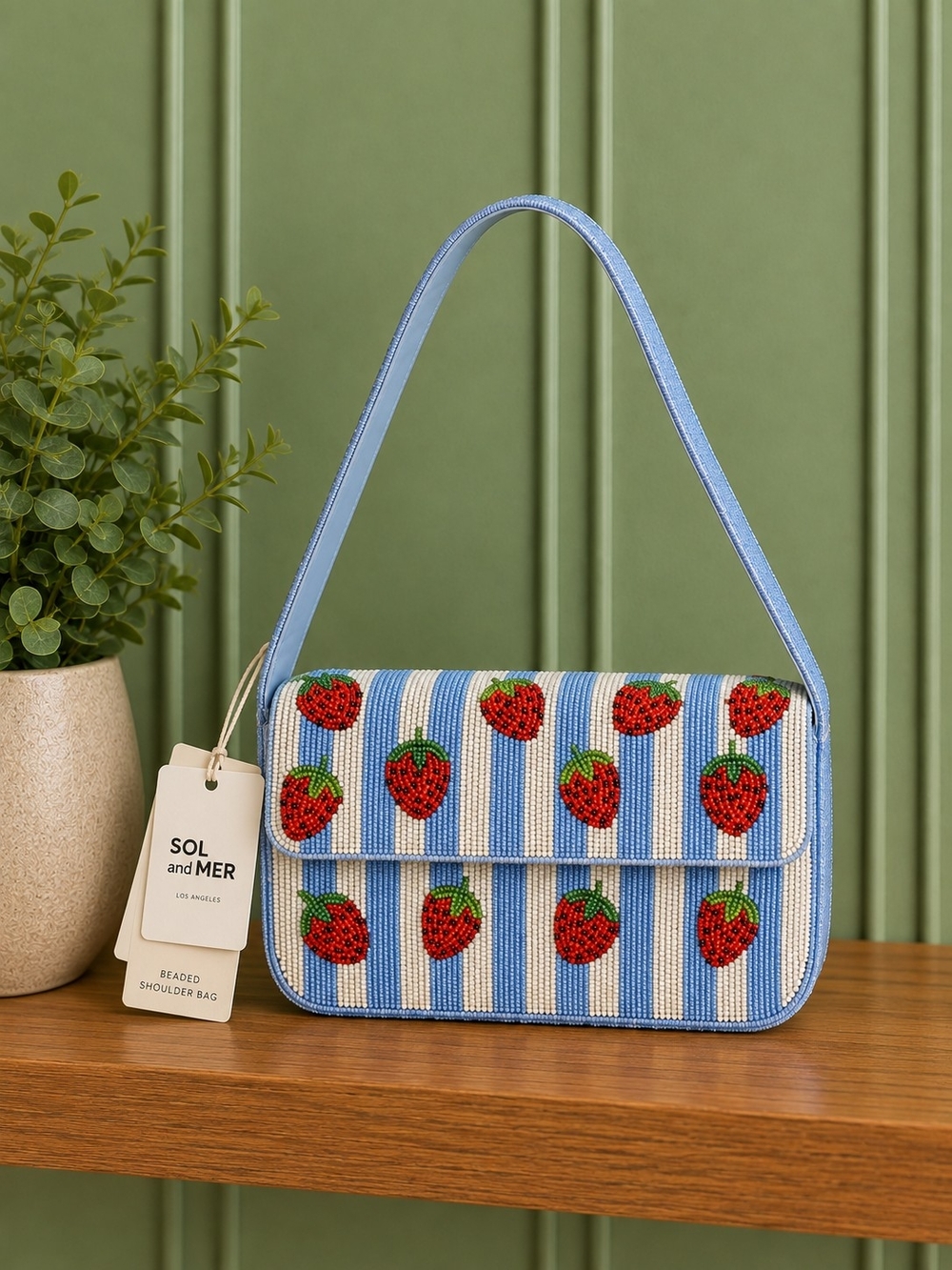 Blue Stripe Strawberry Beaded Shoulder Bag